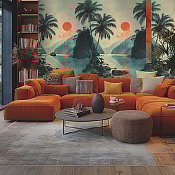 Galerie Wallcoverings Product Code HZ62093M - Horizon Wallpaper Collection - Green Orange Colours - Tropical Sunset Design